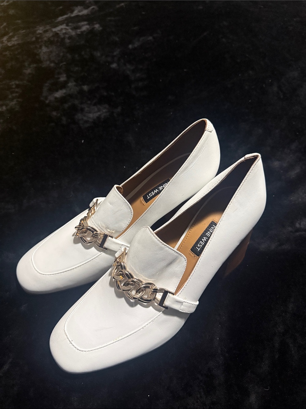 Nine West White Chain-Trim Leather Loafers 3” heel